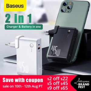 Baseus GaN Power Bank 10000mAh 2 in 1 USB Charger 45W PD Fast Charging Charger & Battery in one ForiP 11 Pro Laptop ForXiaomi